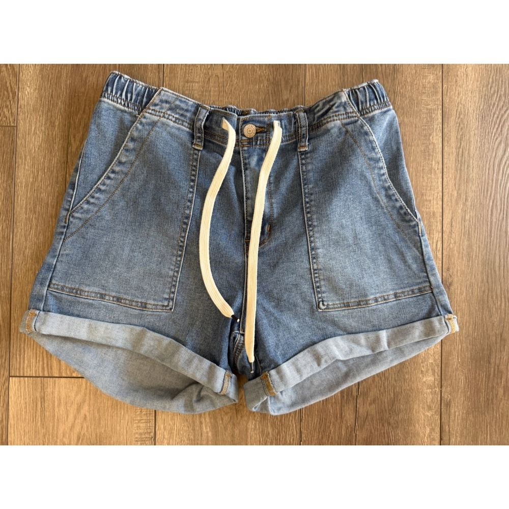 Judy Blue JB150168 Blue Denim Drawstring Elastic Waist Cuffed Pull On Shorts L
